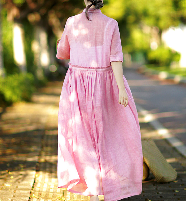 Pink Washed Soft Linen Summer Women Dresses Short Sleeve Maxi Women Dresses 97291 VPPBUY shop