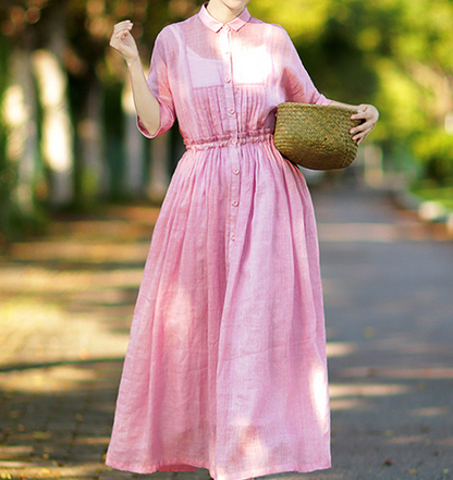 Pink Washed Soft Linen Summer Women Dresses Short Sleeve Maxi Women Dresses 97291 VPPBUY shop