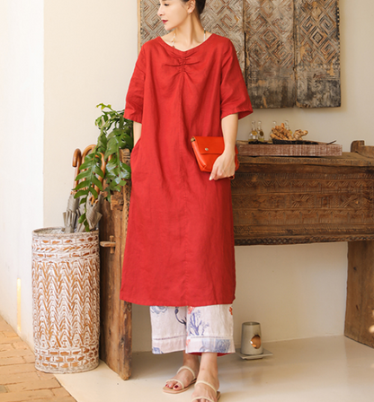 Linen Soft Washed Summer Linen Women Dresses Short Sleeve 6292 VPPBUY shop