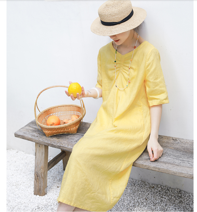 Linen Soft Washed Summer Linen Women Dresses Short Sleeve 6292 VPPBUY shop