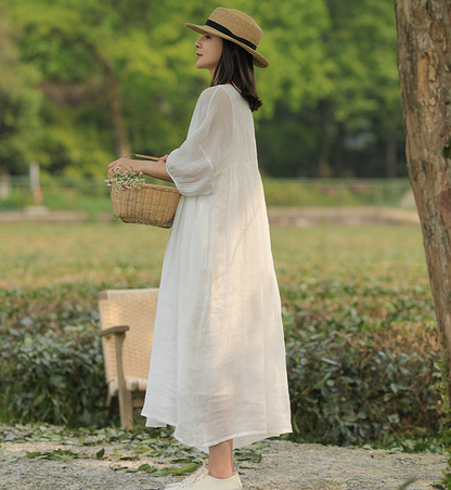 White Linen Summer Women Dresses Short Sleeve Long Loose Women Dresses 17292 VPPBUY shop