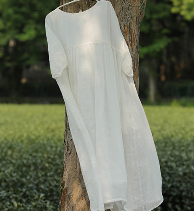 White Linen Summer Women Dresses Short Sleeve Long Loose Women Dresses 17292 VPPBUY shop