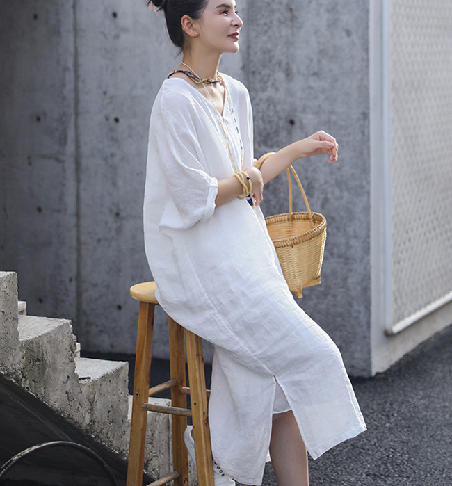 Slit White Linen Summer Women Dresses Short Sleeve Long Loose Women Dresses 17292 VPPBUY shop