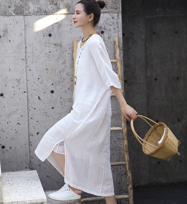 Slit White Linen Summer Women Dresses Short Sleeve Long Loose Women Dresses 17292 VPPBUY shop