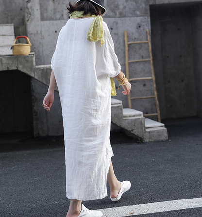 Slit White Linen Summer Women Dresses Short Sleeve Long Loose Women Dresses 17292 VPPBUY shop