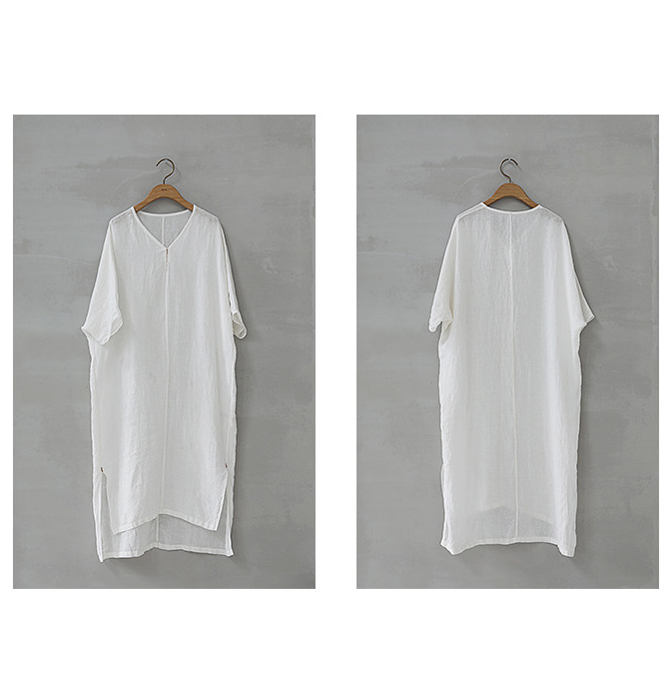 Slit White Linen Summer Women Dresses Short Sleeve Long Loose Women Dresses 17292 VPPBUY shop