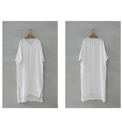 Slit White Linen Summer Women Dresses Short Sleeve Long Loose Women Dresses 17292 VPPBUY shop