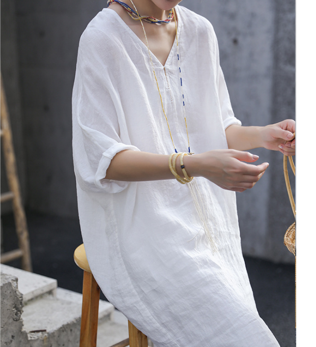 Slit White Linen Summer Women Dresses Short Sleeve Long Loose Women Dresses 17292 VPPBUY shop