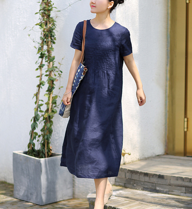 Pleated Linen Soft Washed Summer Linen Women Dresses Short Sleeve 7292 VPPBUY shop