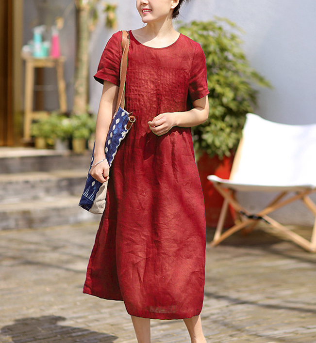 Pleated Linen Soft Washed Summer Linen Women Dresses Short Sleeve 7292 VPPBUY shop