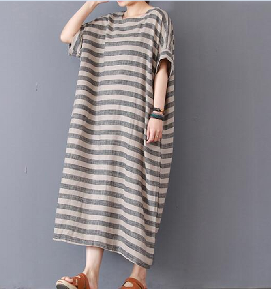 Stripe Cotton Linen Dresses Women Long Dresses Short Sleeve VPPBUY shop