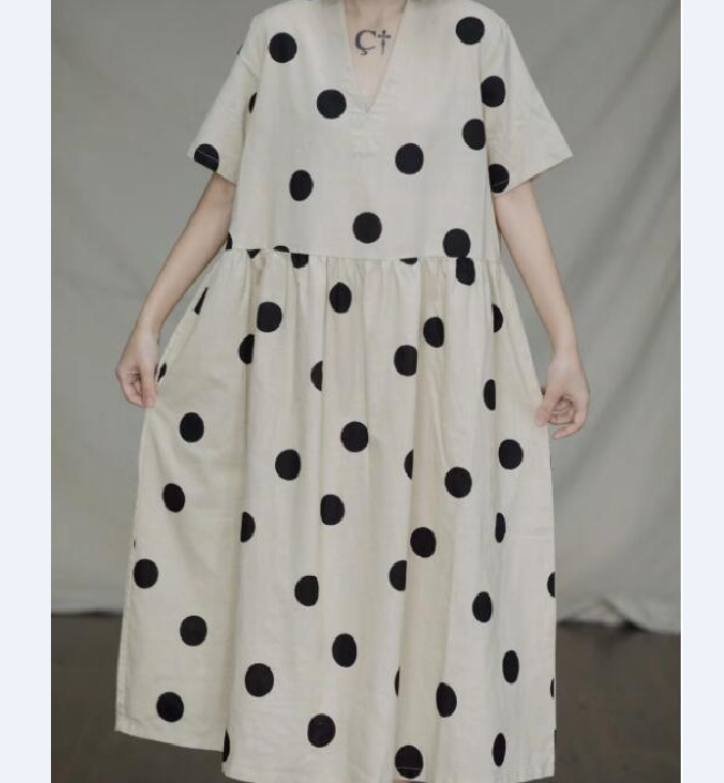 Polka Dot Loose V Neck Linen Summer Women Dresses CH9505 VPPBUY shop