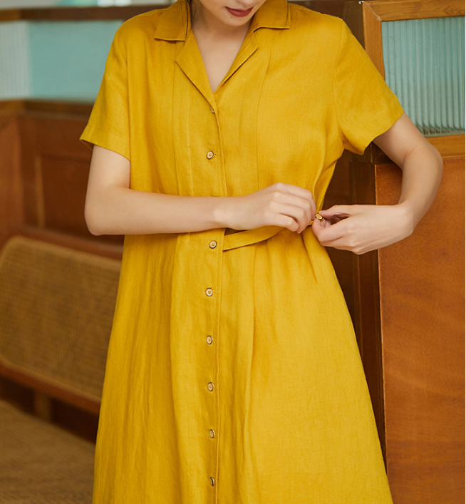 Yellow Women Dresses Casual Shirt Summer Linen Women Dresses SJ97215 VPPBUY shop