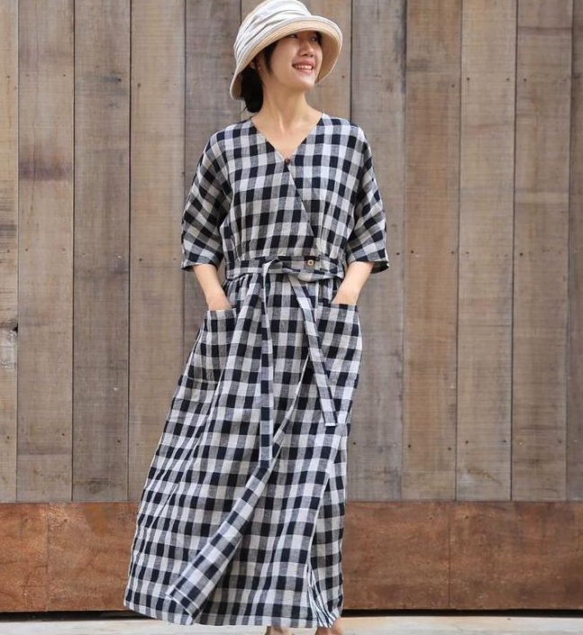 Plaid Women Linen Summer Dresses Long Dresses With Waist Belt 90423 VPPBUY shop