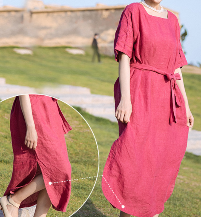 Short Sleeve Summer Women Linen Dresses With Waist Belt VPPBUY shop