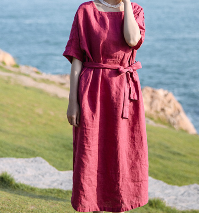 Short Sleeve Summer Women Linen Dresses With Waist Belt VPPBUY shop