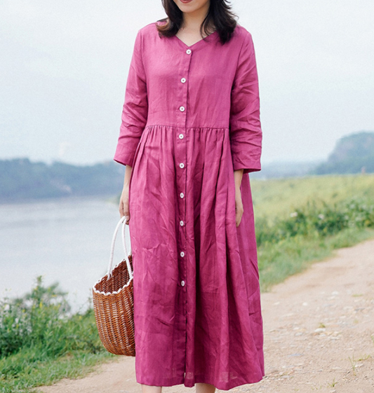 Summer Spring Women Linen Dress Loose Vintage Dresses Buttons VPPBUY shop