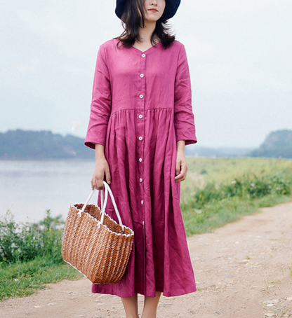 Summer Spring Women Linen Dress Loose Vintage Dresses Buttons VPPBUY shop