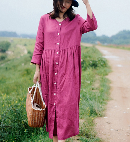 Summer Spring Women Linen Dress Loose Vintage Dresses Buttons VPPBUY shop