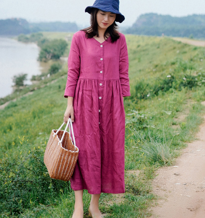 Summer Spring Women Linen Dress Loose Vintage Dresses Buttons VPPBUY shop