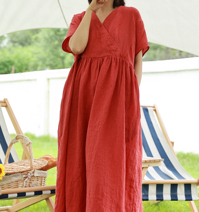 Loose Style Linen Dresses Summer long Women Dresses Short Sleeve 90423 VPPBUY shop