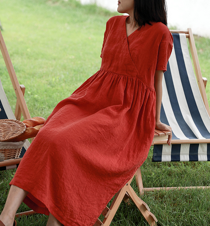 Loose Style Linen Dresses Summer long Women Dresses Short Sleeve 90423 VPPBUY shop