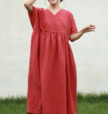 Loose Style Linen Dresses Summer long Women Dresses Short Sleeve 90423 VPPBUY shop