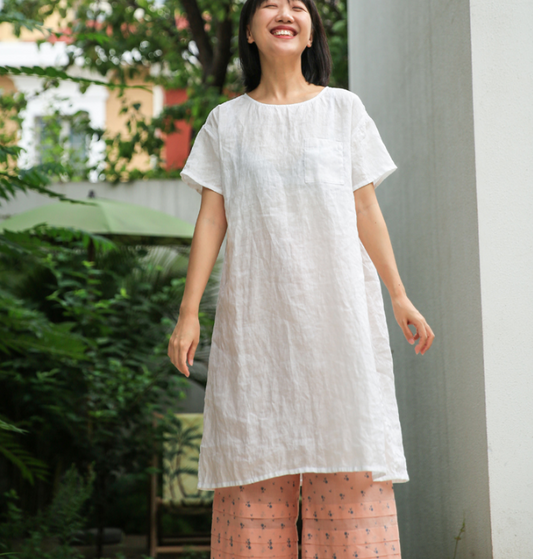 Simple Linen Dresses Summer Mid-length Women Dresses Short Sleeve 9023 VPPBUY shop