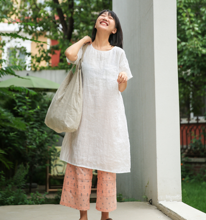 Simple Linen Dresses Summer Mid-length Women Dresses Short Sleeve 9023 VPPBUY shop