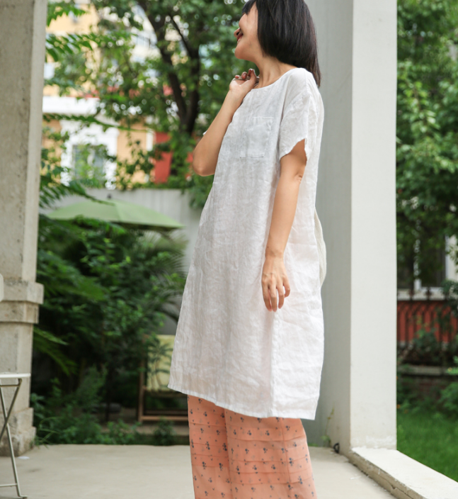 Simple Linen Dresses Summer Mid-length Women Dresses Short Sleeve 9023 VPPBUY shop