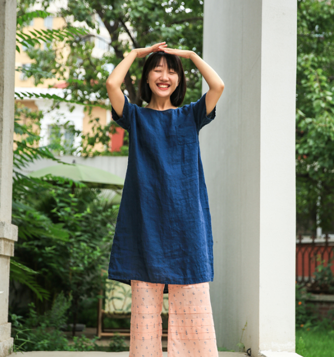 Simple Linen Dresses Summer Mid-length Women Dresses Short Sleeve 9023 VPPBUY shop