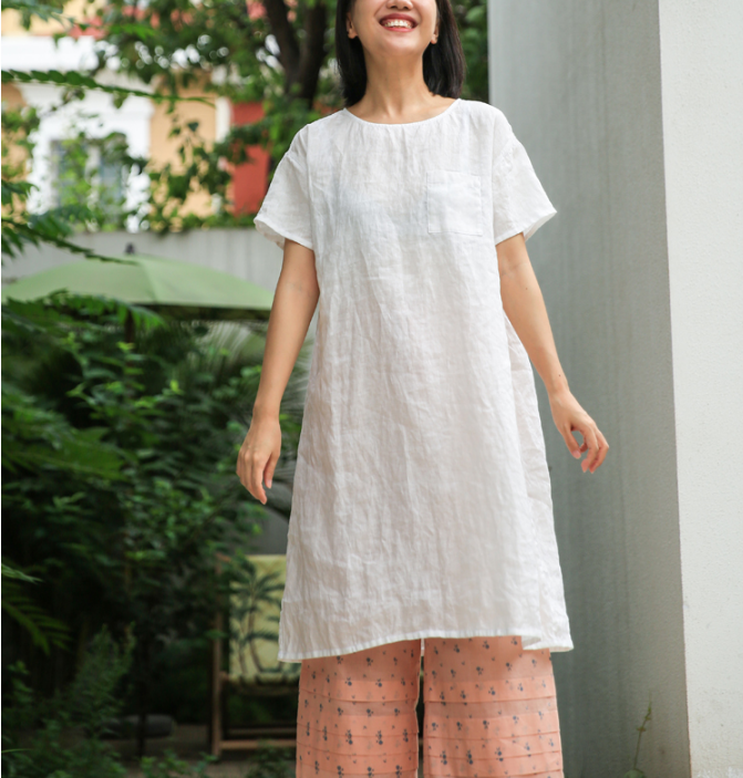 Simple Linen Dresses Summer Mid-length Women Dresses Short Sleeve 9023 VPPBUY shop