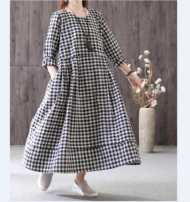 Plaid Cotton Linen Dresses Women Long  Dresses Long Sleeve VPPBUY shop