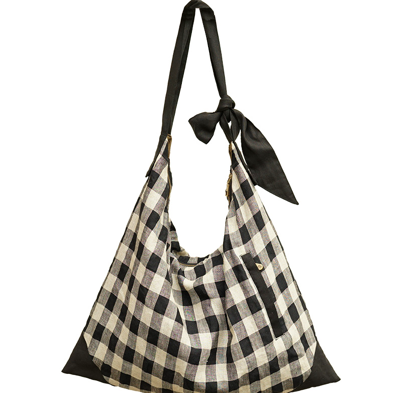 Checked Cotton Linen Bag  Shoulder Strap Single Shoulder Bag VPPBUY shop