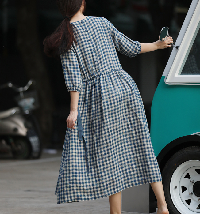 Checked Loose Style Linen Dresses Summer long Women Dresses Short Sleeve 90223 VPPBUY shop