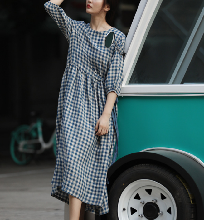 Checked Loose Style Linen Dresses Summer long Women Dresses Short Sleeve 90223 VPPBUY shop