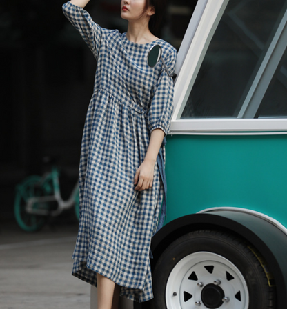 Checked Loose Style Linen Dresses Summer long Women Dresses Short Sleeve 90223 VPPBUY shop