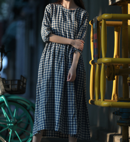 Checked Loose Style Linen Dresses Summer long Women Dresses Short Sleeve 90223 VPPBUY shop