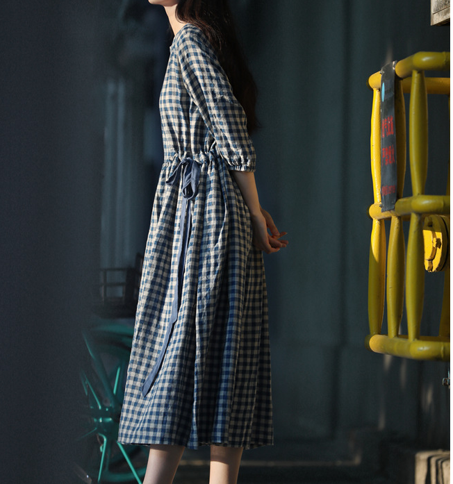 Checked Loose Style Linen Dresses Summer long Women Dresses Short Sleeve 90223 VPPBUY shop