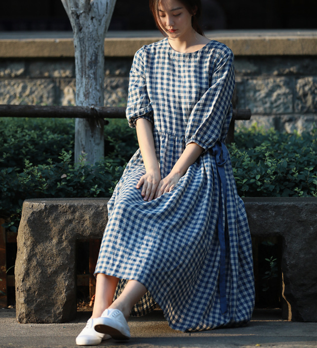 Checked Loose Style Linen Dresses Summer long Women Dresses Short Sleeve 90223 VPPBUY shop