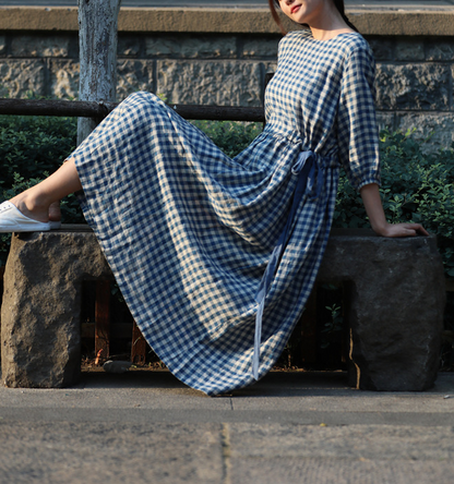 Checked Loose Style Linen Dresses Summer long Women Dresses Short Sleeve 90223 VPPBUY shop