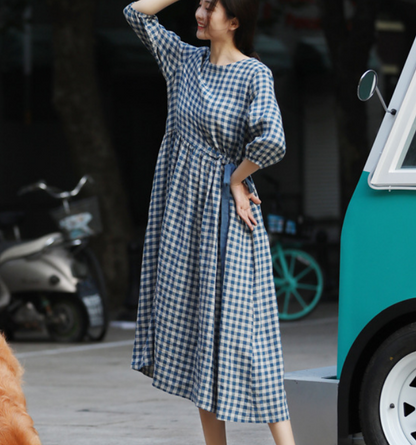 Checked Loose Style Linen Dresses Summer long Women Dresses Short Sleeve 90223 VPPBUY shop