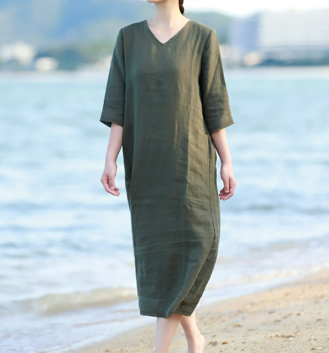 V Neck Soft Linen Dresses Summer long Washed Women Linen Dress  9221 VPPBUY shop