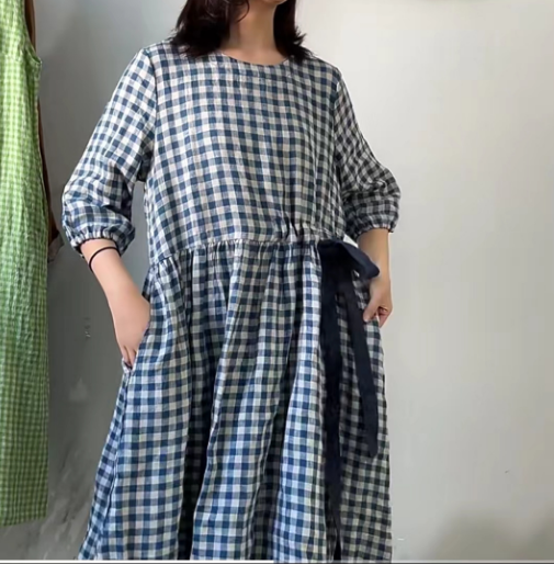 Checked Loose Style Linen Dresses Summer long Women Dresses Short Sleeve 90223 VPPBUY shop