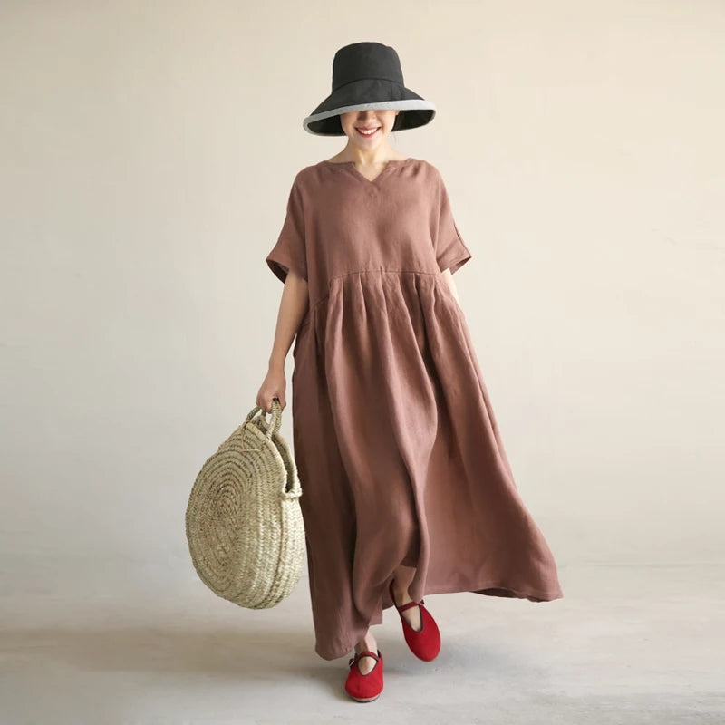 Coffee Loose Style Linen Dresses, Summer long Women Dresses ,Short Sleeve Maxi Dress 90423 VPPBUY shop