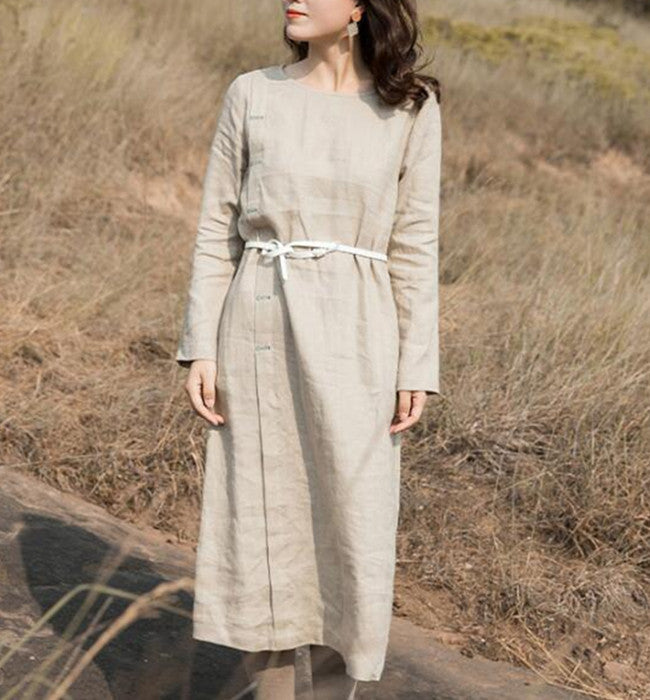 Khaki Linen Long Sleeve Autumn Women Shift Linen Dresses S90921 VPPBUY shop