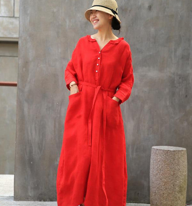 Label Collar Red Women Linen Summer Dresses Buttons Sleeve Long Women Dresses Z972912 VPPBUY shop