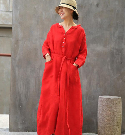 Label Collar Red Women Linen Summer Dresses Buttons Sleeve Long Women Dresses Z972912 VPPBUY shop