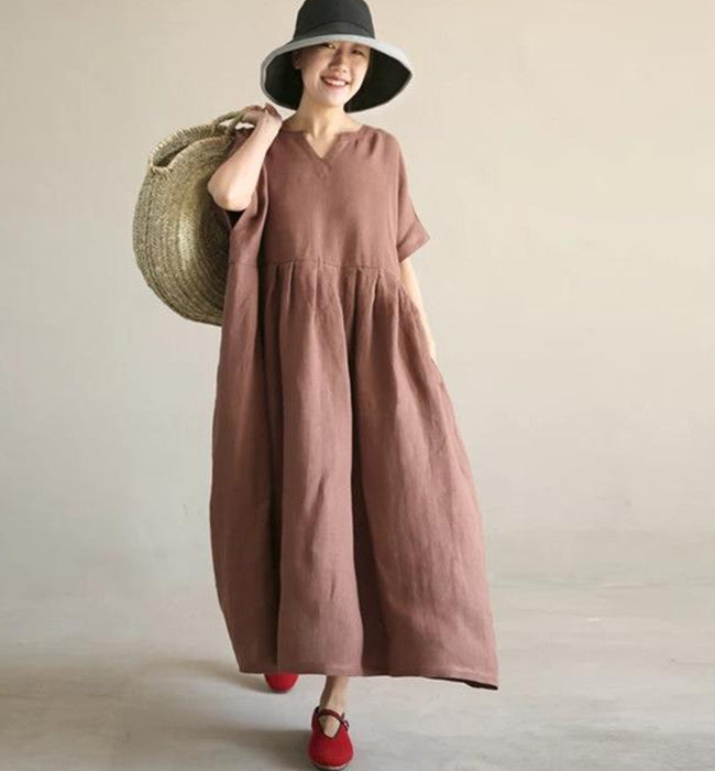 Coffee Loose Style Linen Dresses, Summer long Women Dresses ,Short Sleeve Maxi Dress 90423 VPPBUY shop