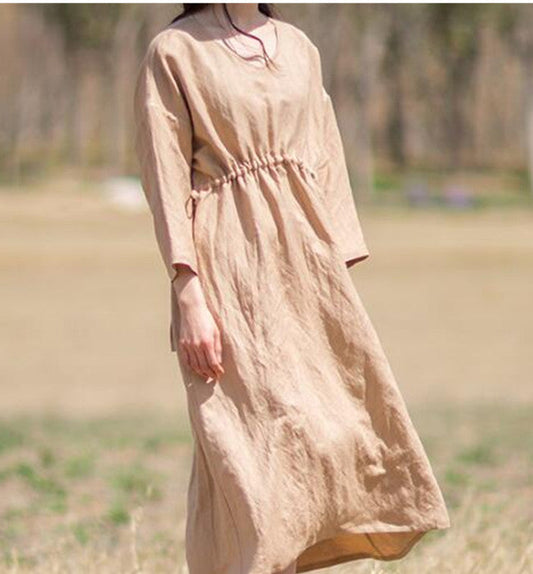 Khaki Women Summer Linen Dresses Long Sleeves Waist Belt Women Dresses 87950 VPPBUY shop